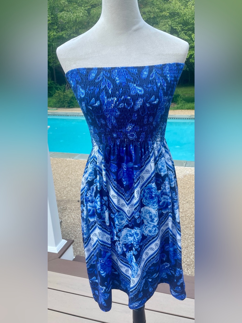 Blue Floral Strapless Smocked Convertible
Mini Dress or Midi Skirt. Medium. - Picture 2 of 5